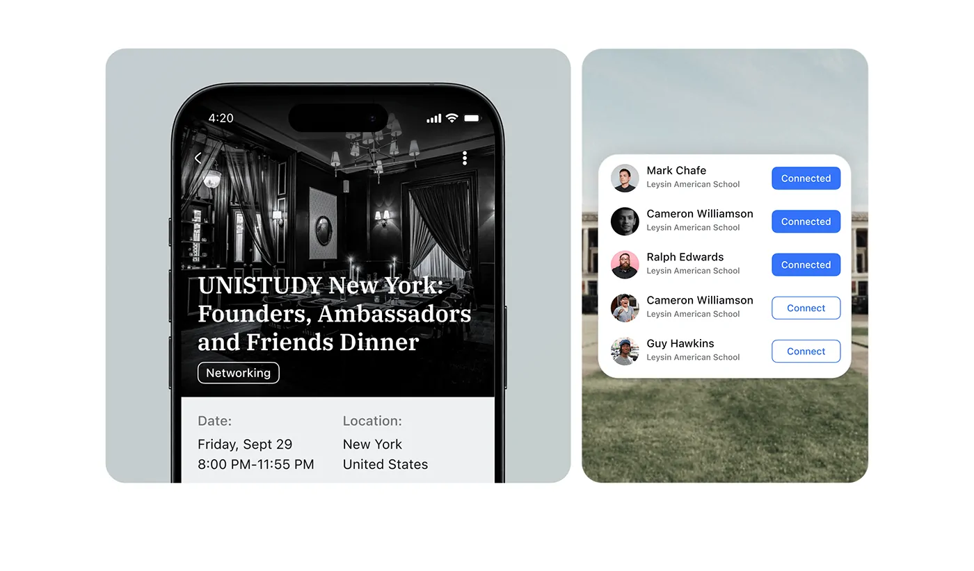 Event details screen and a list of alumni connections