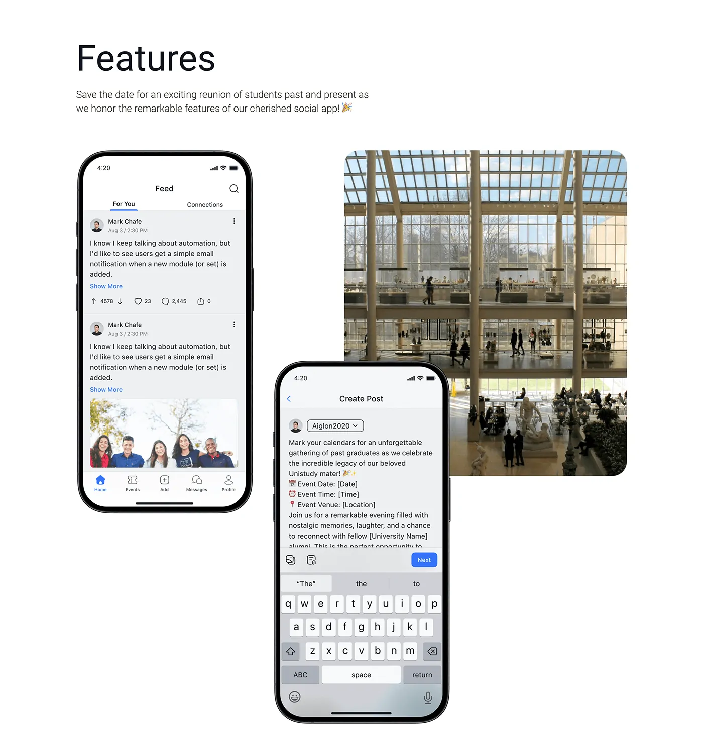Feed and create post screens