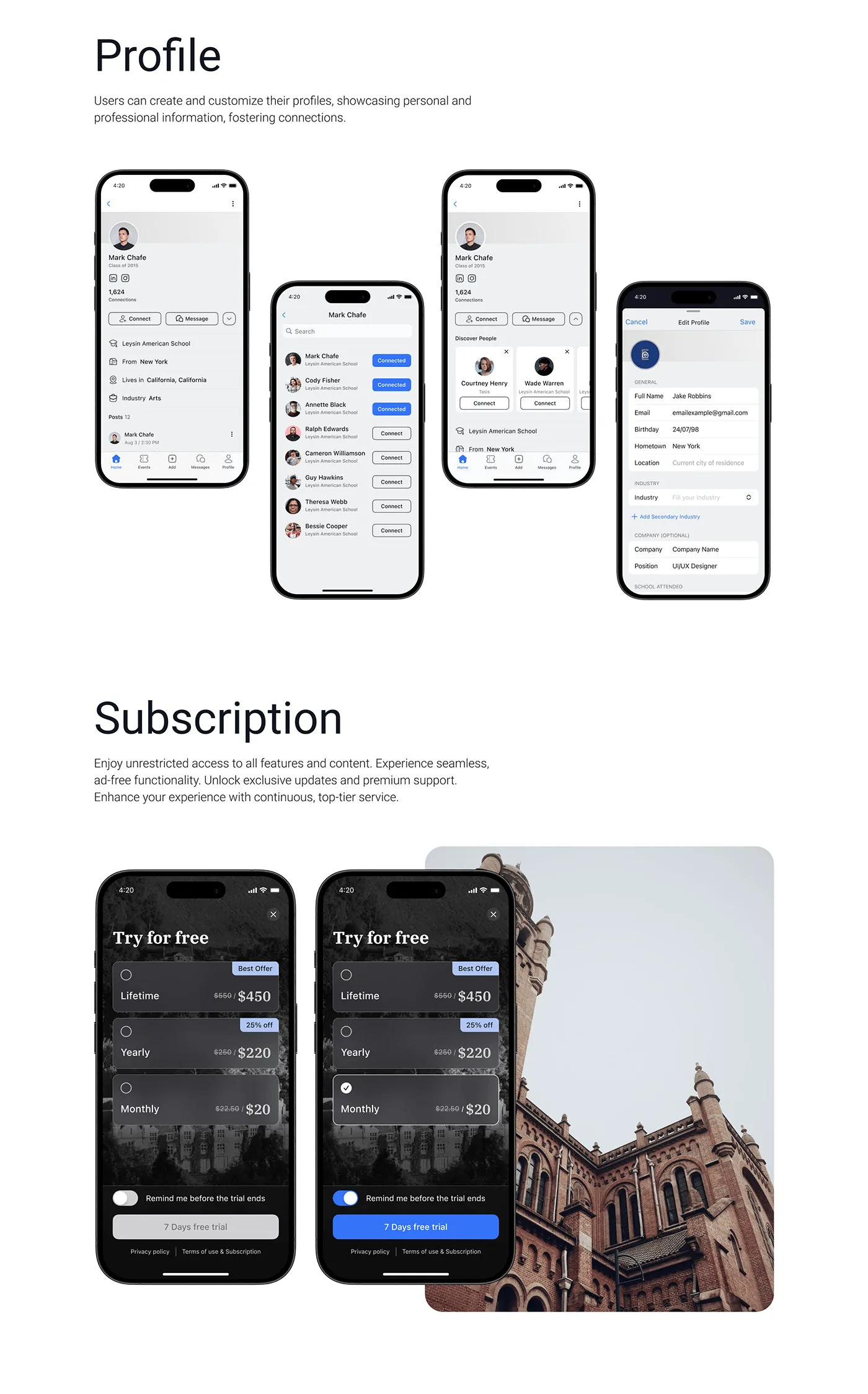 Profile, connections and subscription screens
