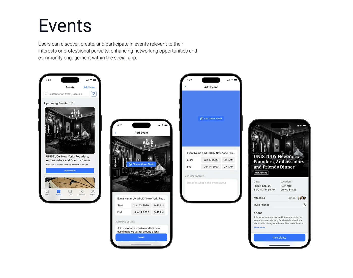 Events list, add event and event details screens