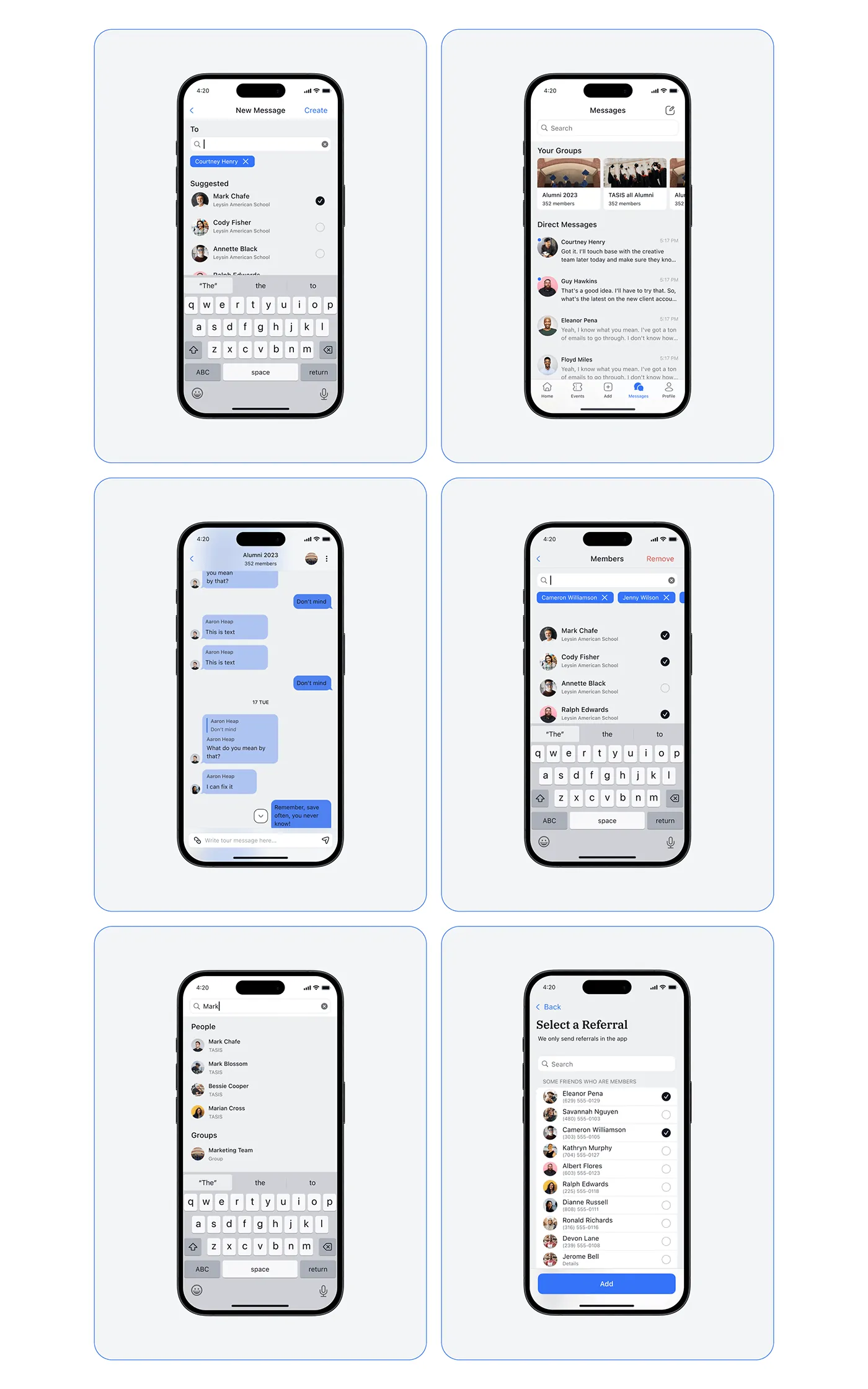 Messages, group chat, members, search and referral screens