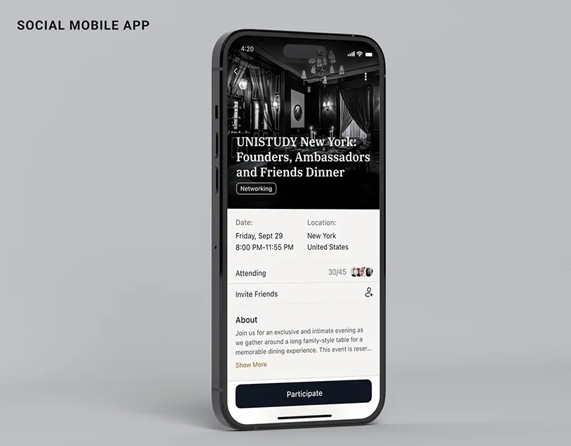 Alumni app event screen on a phone