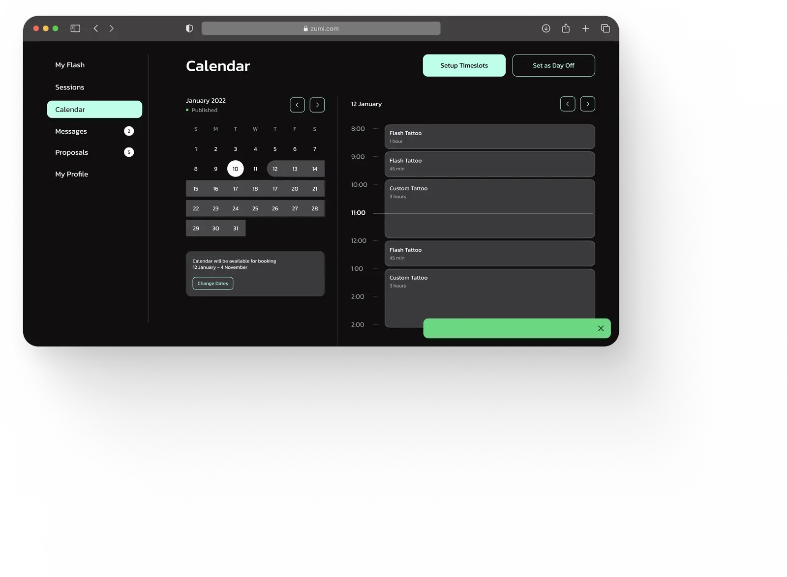 Zumi booking calendar in a desktop browser