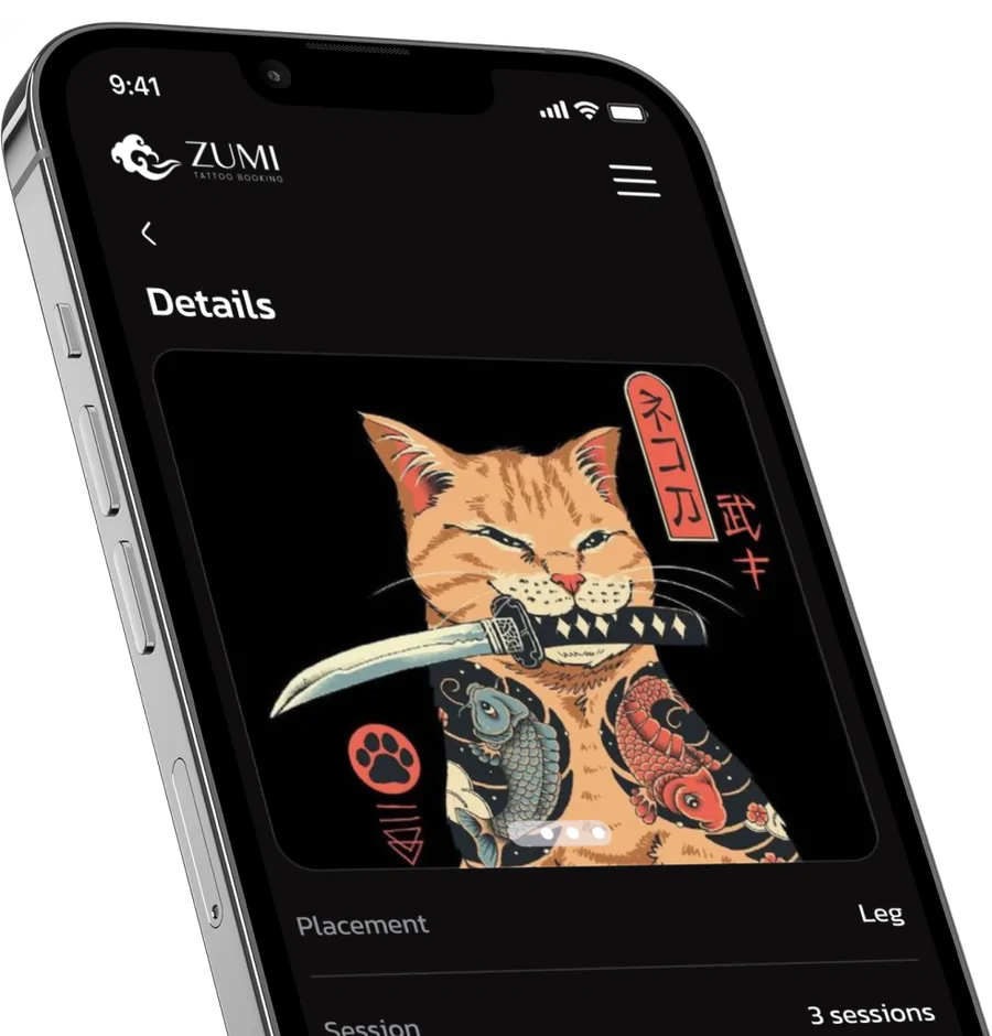 Flash tattoo details screen on a phone, angled view