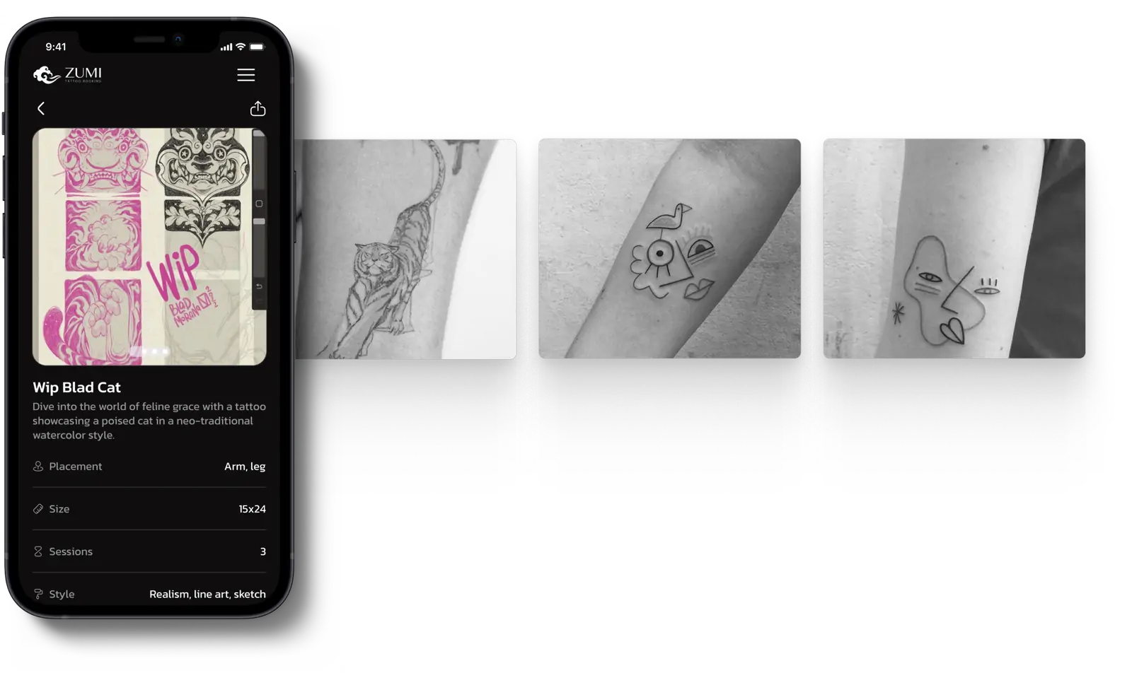 Flash tattoo details on a phone, next to photos of finished tattoos