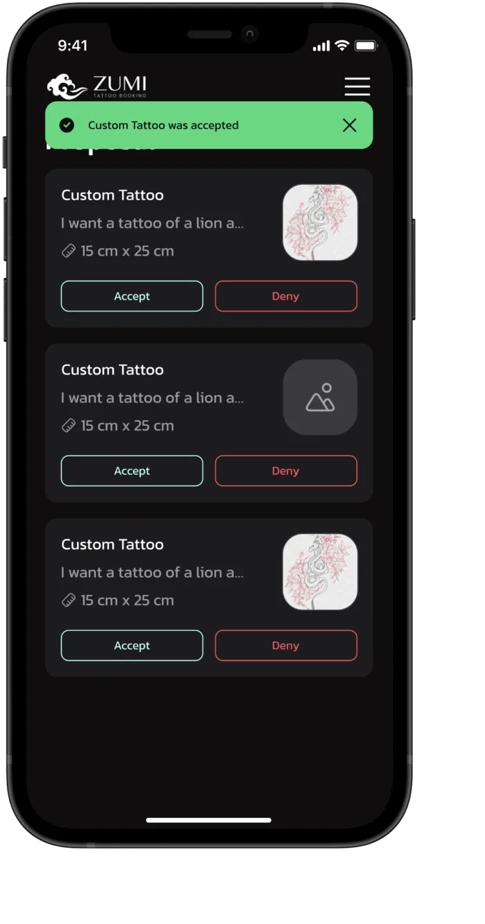 Custom tattoo requests with accept and deny actions