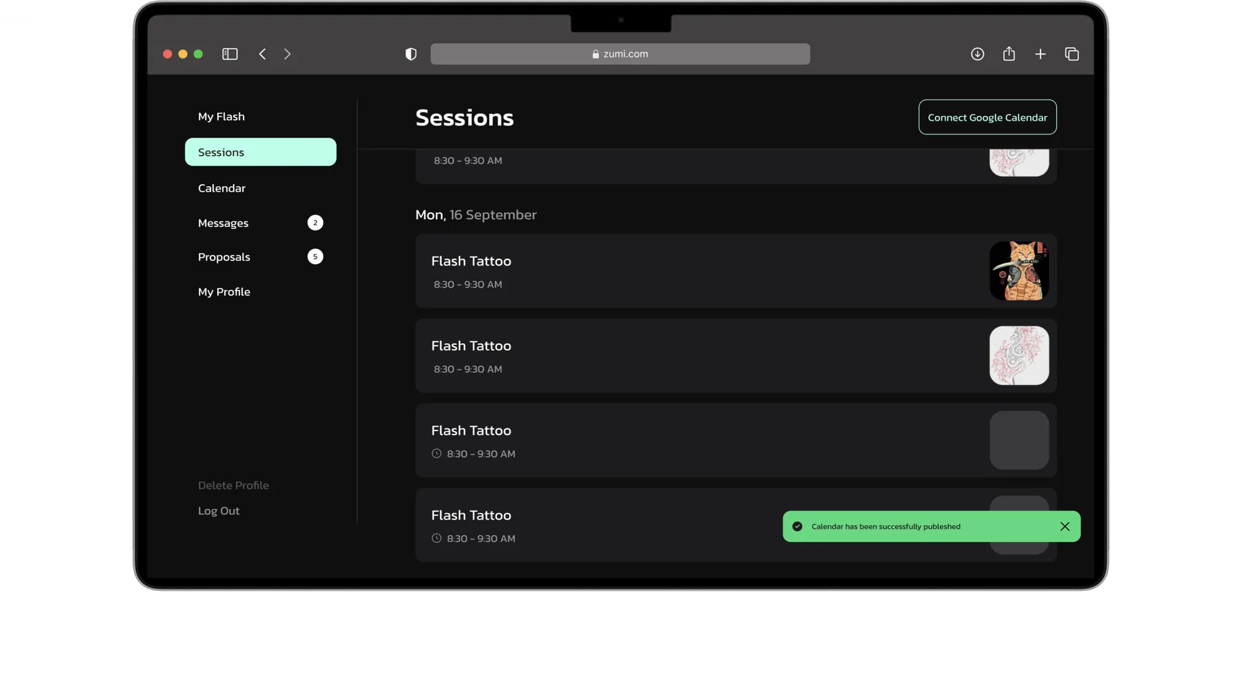 Sessions list on desktop